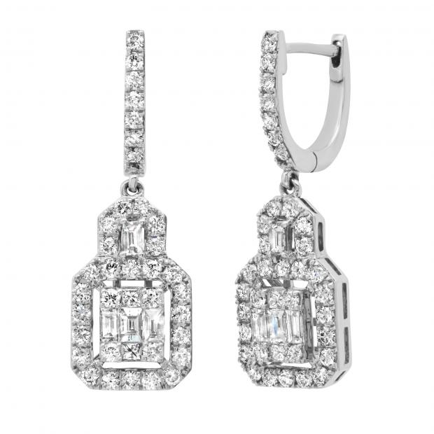 1.54 Carat (ctw) Baguette Princess & Round White Diamond Drop Earrings 1 1/2 CT 10K White Gold