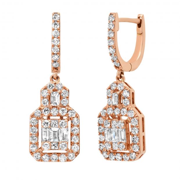 1.54 Carat (ctw) Baguette Princess & Round White Diamond Drop Earrings 1 1/2 CT 18K Rose Gold