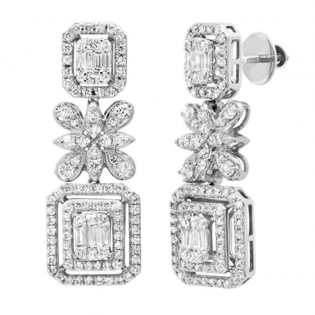 2.48 Carat (ctw) Round Princess & Baguette Diamond Dangling Drop Earrings for Women 10K White Gold