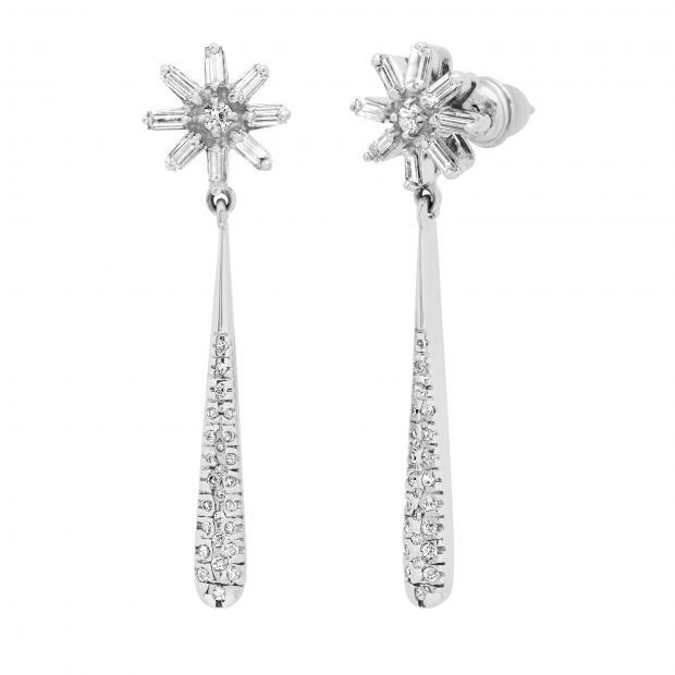 1.61 Carat (ctw) Round & Baguette Diamond Ladies Starburst Dangling Drop Earrings 14K White Gold