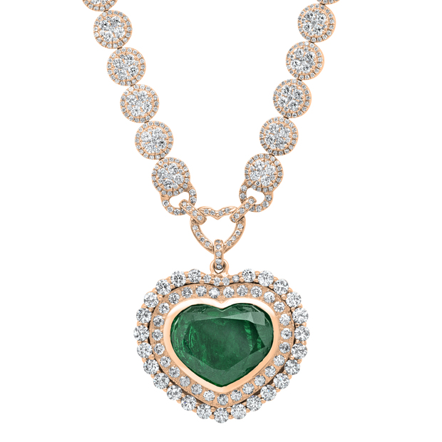 Heart Colombian Emerald & Round White Diamond Ladies Halo Style Necklace 18K Rose Gold