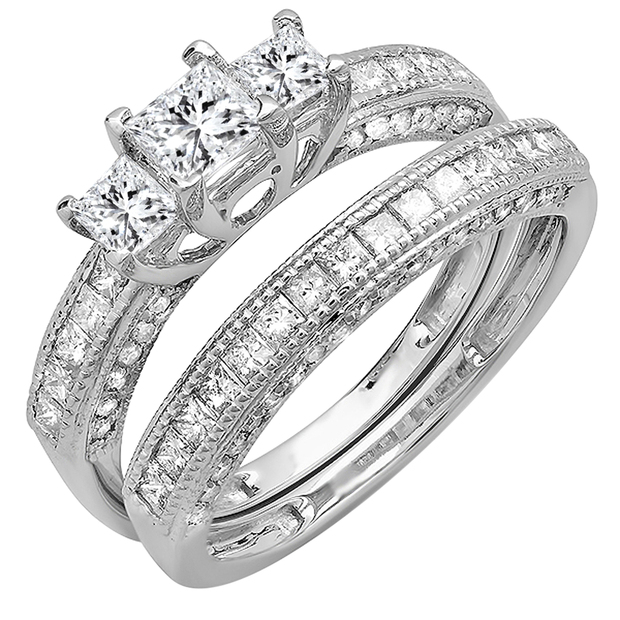 1.00 Carat (ctw) Princess & Round Diamond Ladies Three Stone Wedding Ring Set 1 CT 14K White Gold