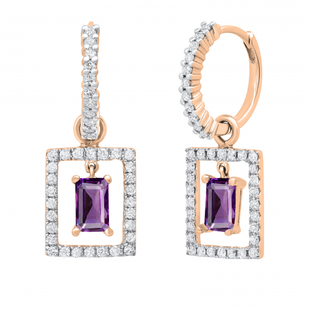 3.5MM X 4.5MM Emerald Amethyst & Round Diamond Ladies Huggies Dangling Earrings, 18K Rose Gold