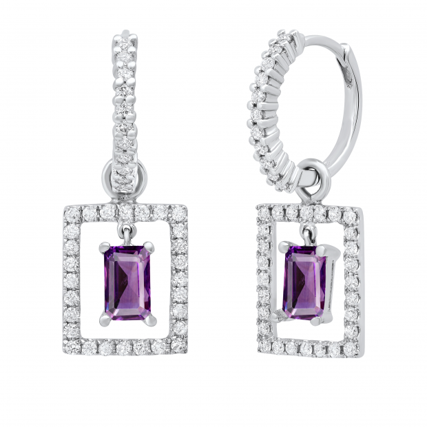 3.5MM X 4.5MM Emerald Amethyst & Round Diamond Ladies Huggies Dangling Earrings, 18K White Gold