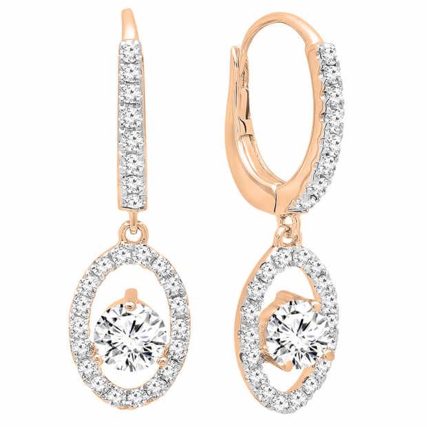 0.91 Carat (ctw) Round White Diamond Oval Frame Dangling Drop Earrings 18K Rose Gold