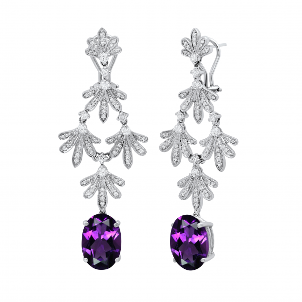 10X14 mm Oval Amethyst & Round White Diamond Ladies Fashion Dangle Earrings 10K White Gold