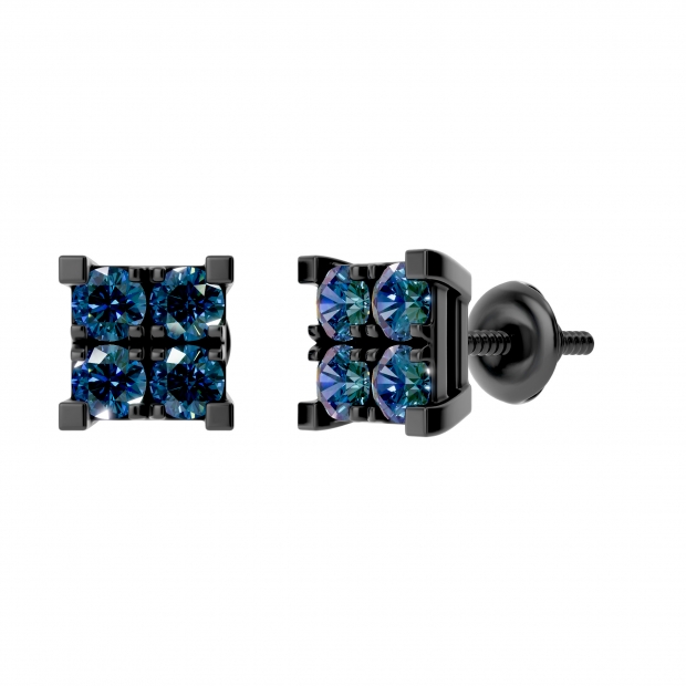 0.55 Carat (ctw) Round Blue Diamond Mens Square Stud Earring 1/2 CT Black Rhodium 18K White Gold