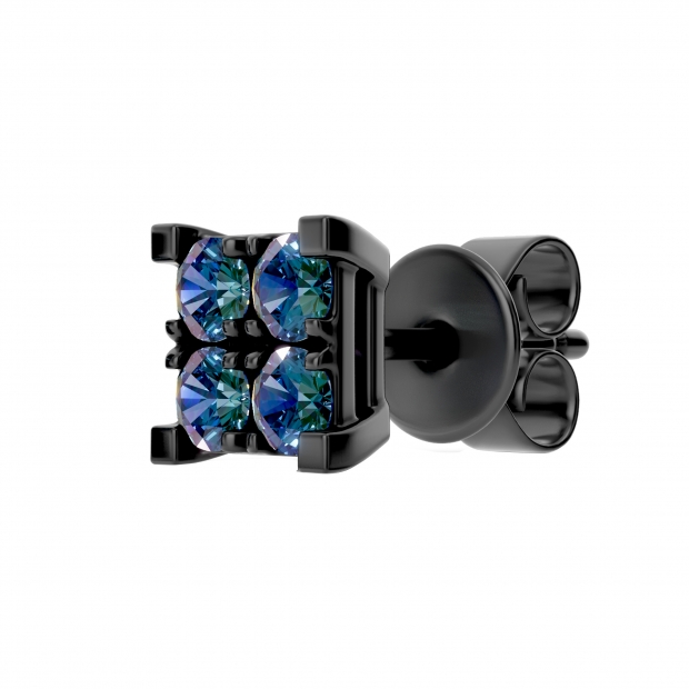 Round Blue Diamond Mens Square Shaped Stud Earring 1 Pc Only (0.28 ctw Color Blue Clarity I2-I3) in Black Plated Sterling Silver