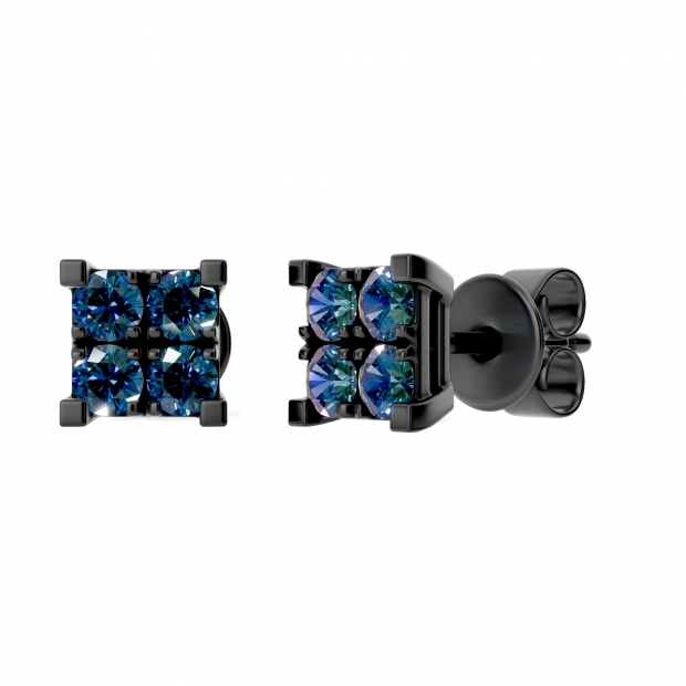 0.55 Carat (ctw) Round Blue Diamond Mens Square Stud Earring 1/2 CT Black Rhodium Sterling Silver