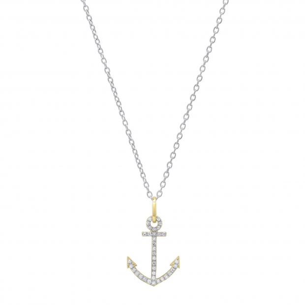 0.12 Carat (ctw) Round White Diamond Ladies Anchor Pendant (Silver Chain Included) 10K Yellow Gold