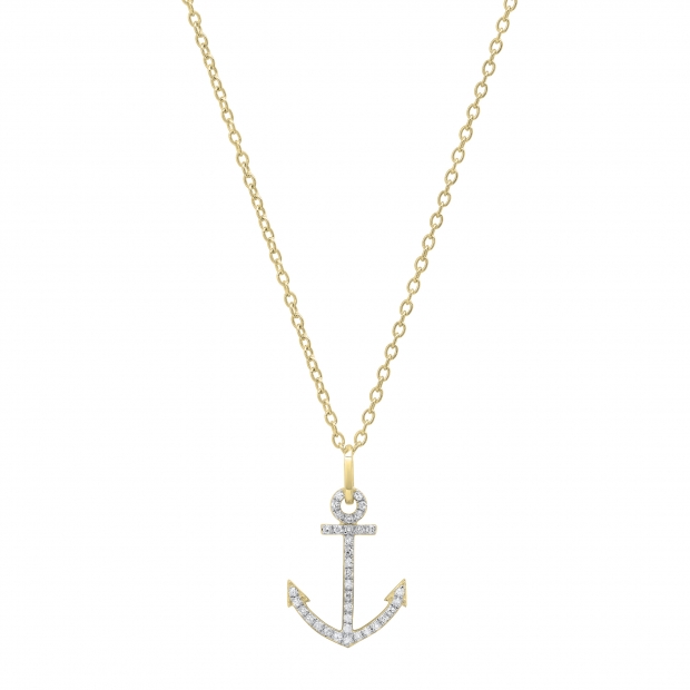 0.12 Carat (ctw) Round White Diamond Ladies Anchor Pendant (Gold Chain Included) 10K Yellow Gold