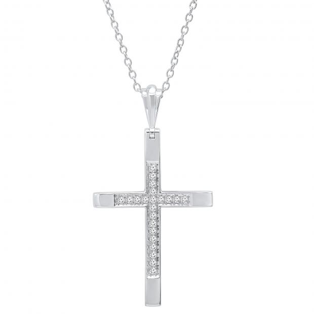0.18 Carat (ctw) Round White Diamond Ladies Cross Religious Pendant Sterling Silver