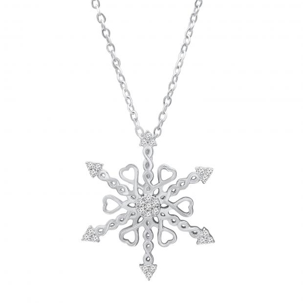 0.10 Carat (ctw) Round White Diamond Ladies Heart Snowflake Pendant 1/10 CT 14K White Gold