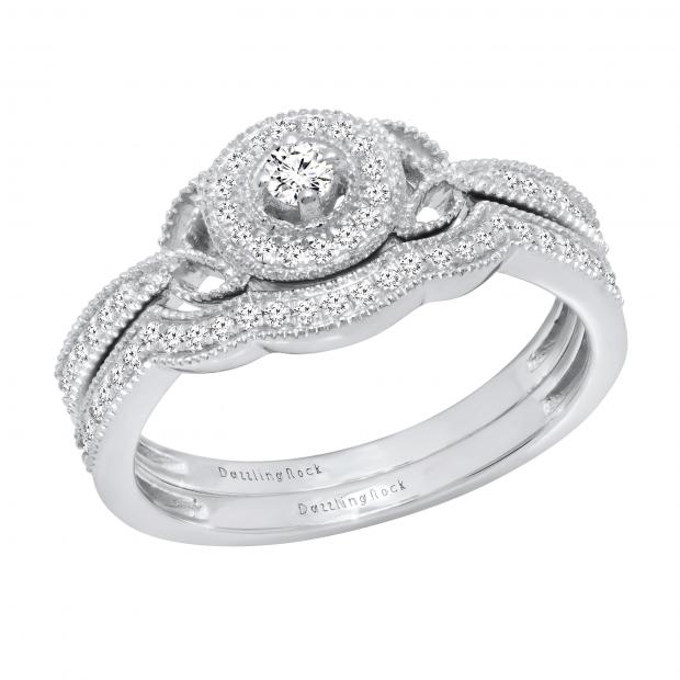 0.31 Carat (ctw) Round Diamond Ladies Vintage Style Engagement Ring Set 1/3 CT Sterling Silver