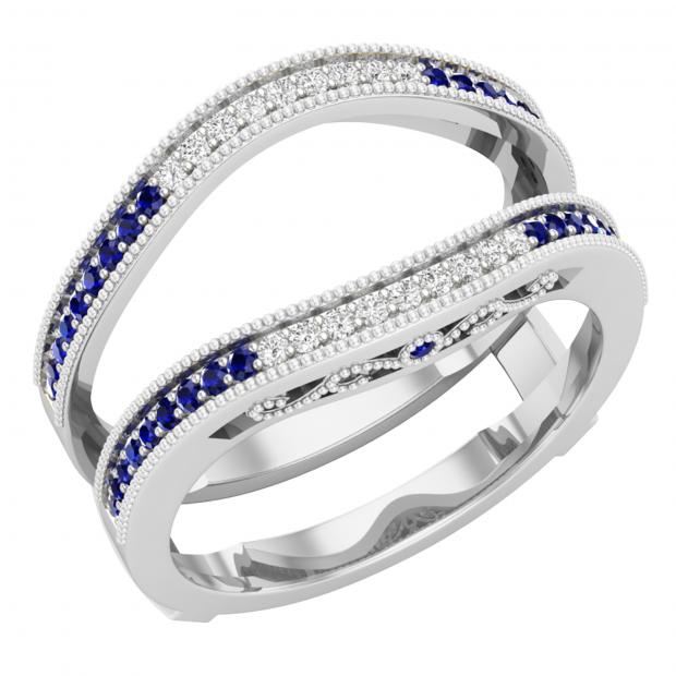 Round Blue Sapphire & White Diamond Ladies Wedding Band Enhancer Guard Ring Sterling Silver