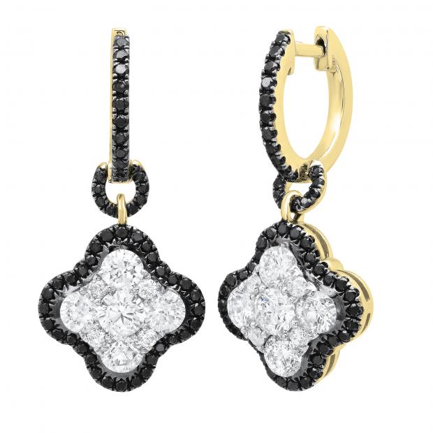 2.23 Carat (ctw) Round Black & White Diamond Ladies Cluster Drop Dangle Earrings 10K Yellow Gold