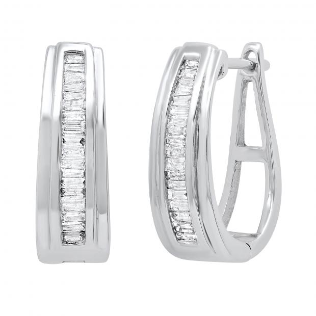 0.33 Carat (ctw) Baguette Diamond Ladies Huggies Hoop Earrings 1/3 CT 10K White Gold