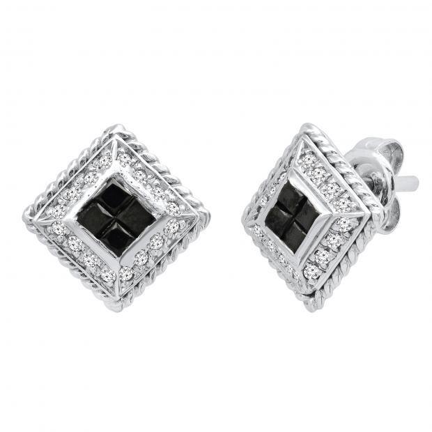 0.83 Carat (ctw) Princess Black & Round White Diamond Ladies Stud Earrings 3/4 CT 14K White Gold