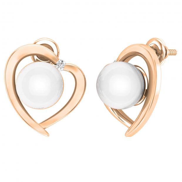 8 mm Each Round White Freshwater Pearl & White Diamond Ladies Heart Stud Earrings 10K Rose Gold