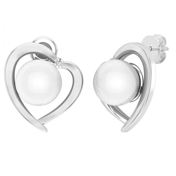 8 mm Each Round White Freshwater Pearl & White Diamond Ladies Heart Stud Earrings 14K White Gold