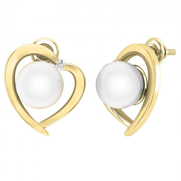8 mm Each Round White Freshwater Pearl & White Diamond Ladies Heart Stud Earrings 14K Yellow Gold