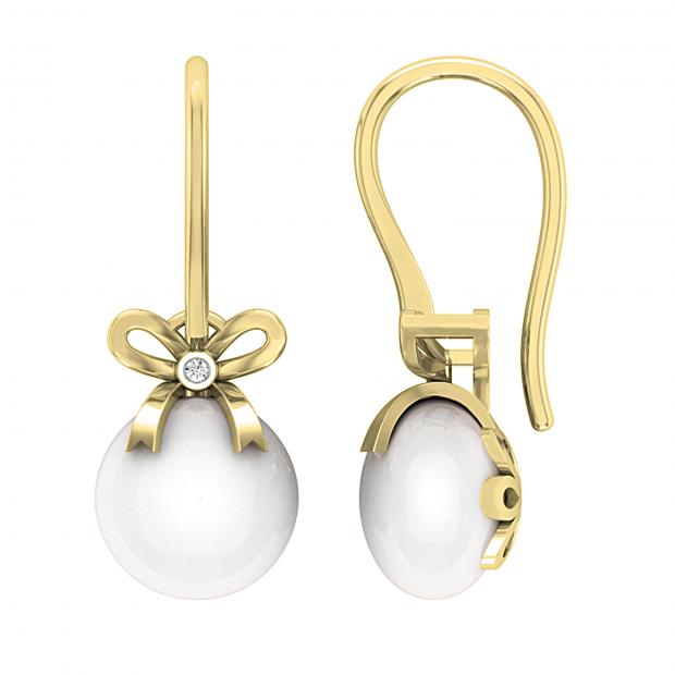 10 mm Each Round White Freshwater Pearl & White Diamond Ladies Bow Drop Earrings 14K Yellow Gold