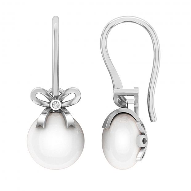 10 mm Each Round White Freshwater Pearl & White Diamond Ladies Bow Drop Earrings Sterling Silver