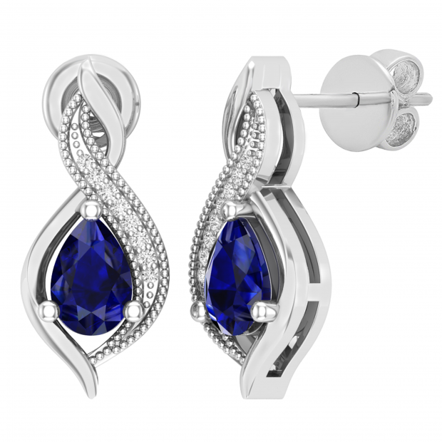 6X4 mm Pear Blue Sapphire & Round White Diamond Ladies Swirl Drop Earrings Sterling Silver