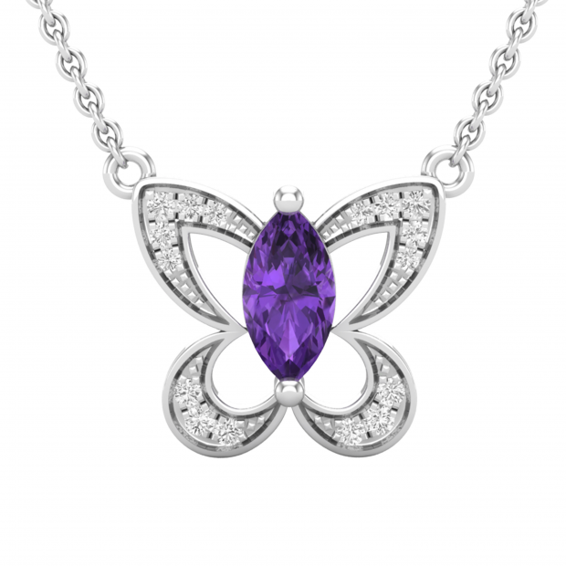 8X4 MM Marquise Amethyst & Round White Diamond Ladies Butterfly Pendant, 10K White Gold