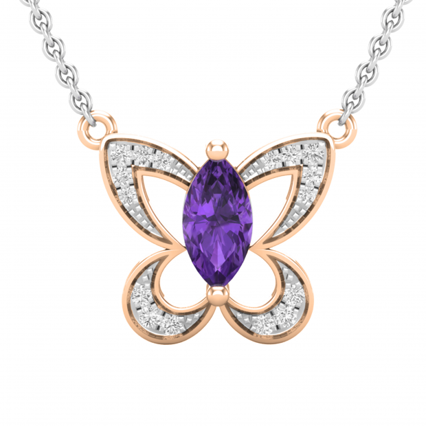 8X4 MM Marquise Amethyst & Round White Diamond Ladies Butterfly Pendant, 18K Rose Gold