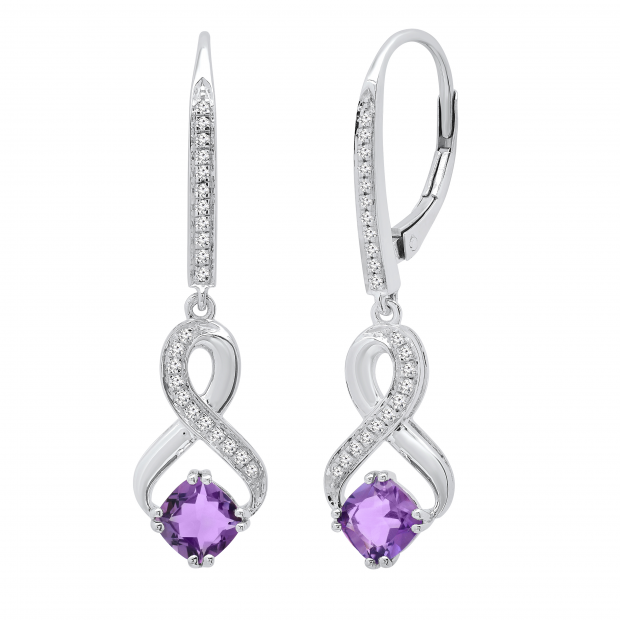 5 MM Each Cushion Amethyst & Round Diamond Ladies Infinity Dangling Drop Earrings Sterling Silver