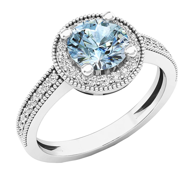 6.5 MM Round Aquamarine & White Diamond Ladies Bridal Halo Engagement Ring 14K White Gold