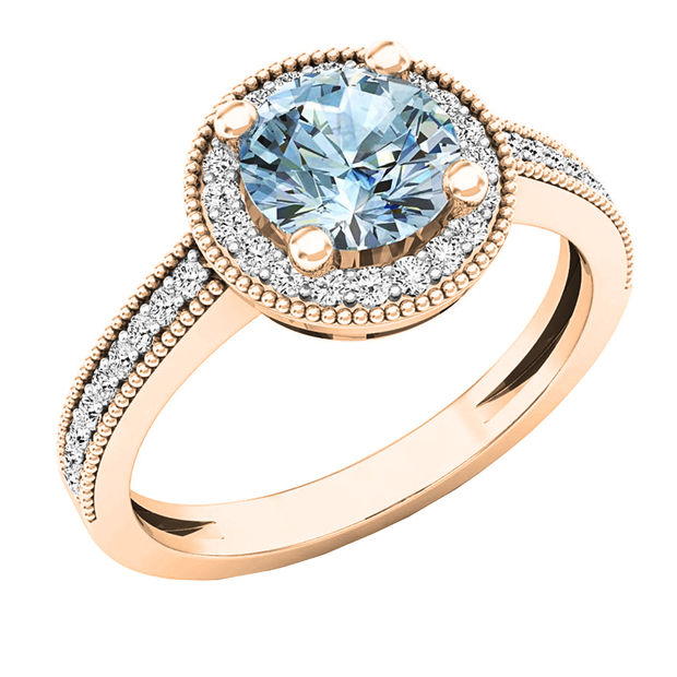 6.5 MM Round Aquamarine & White Diamond Ladies Bridal Halo Engagement Ring 18K Rose Gold