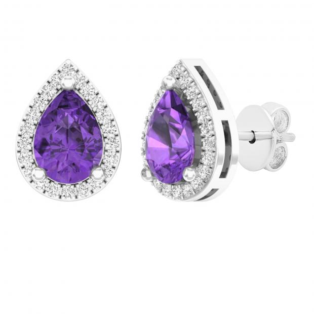 7X5 MM Each Pear Amethyst & Round White Diamond Halo Style Ladies Teardrop Stud Earrings 14K White Gold