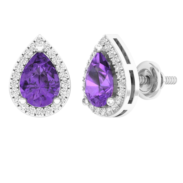 7X5 MM Each Pear Amethyst & Round White Diamond Halo Style Ladies Teardrop Stud Earrings 14K White Gold