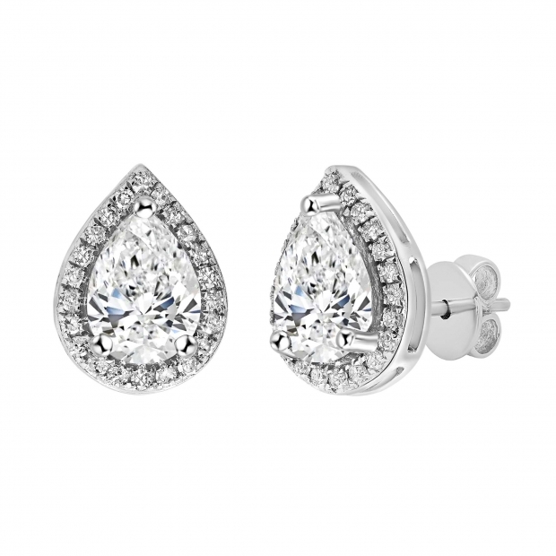 925 Sterling Silver Halo Stud Earrings, 1.46 Carat Pear and Round Cubic Zirconia in Push Back