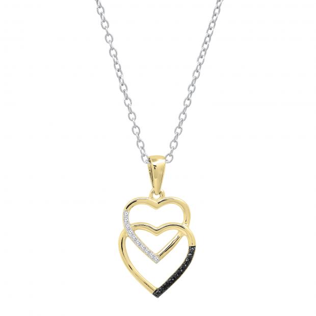 0.08 Carat (ctw) Round Black & White Diamond Ladies Double Heart Love Drop Pendant 10K Yellow Gold