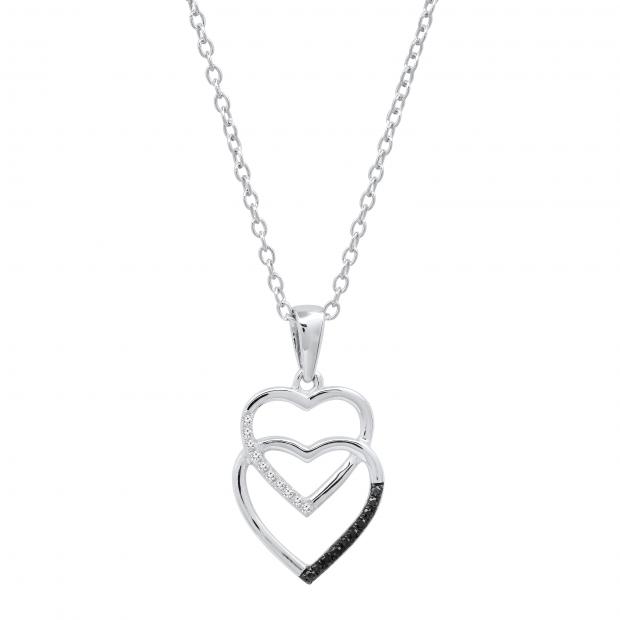 0.08 Carat (ctw) Round Black & White Diamond Ladies Double Heart Love Drop Pendant 14K White Gold