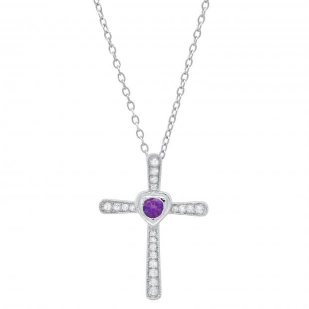 3.5 mm Round Amethyst & White Diamond Ladies Heart Cross Religious Pendant, 10K White Gold