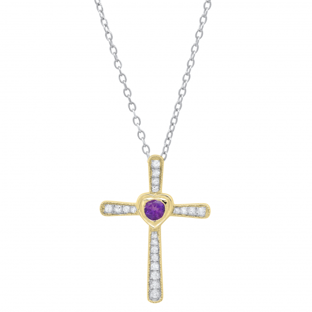 3.5 mm Round Amethyst & White Diamond Ladies Heart Cross Religious Pendant, 10K Yellow Gold