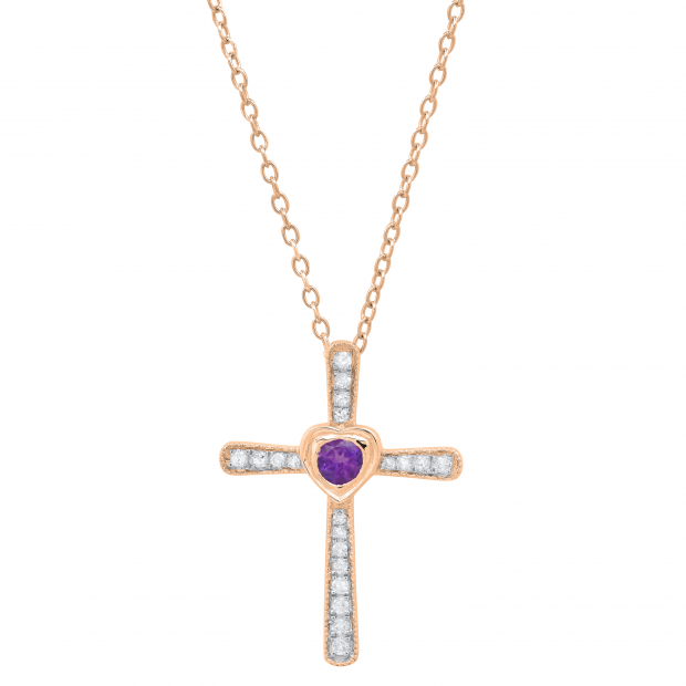 3.5 mm Round Amethyst & White Diamond Ladies Heart Cross Religious Pendant, 18K Rose Gold