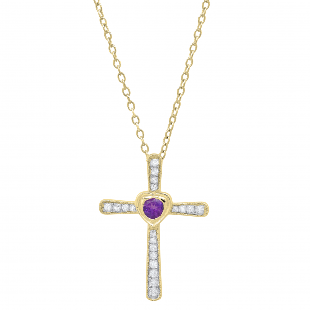 3.5 mm Round Amethyst & White Diamond Ladies Heart Cross Religious Pendant, 18K Yellow Gold