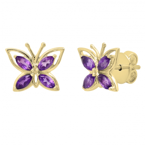4X2 mm Marquise Amethyst Ladies Butterfly Fashion Stud Earrings 18K Yellow Gold