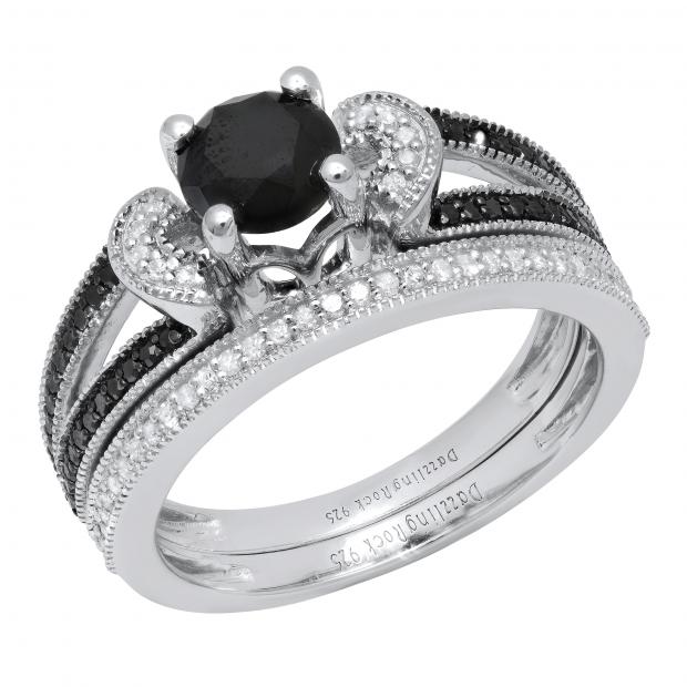 1.40 Carat (ctw) Round Black & White Diamond Ladies Split Shank Wedding Ring Set Sterling Silver