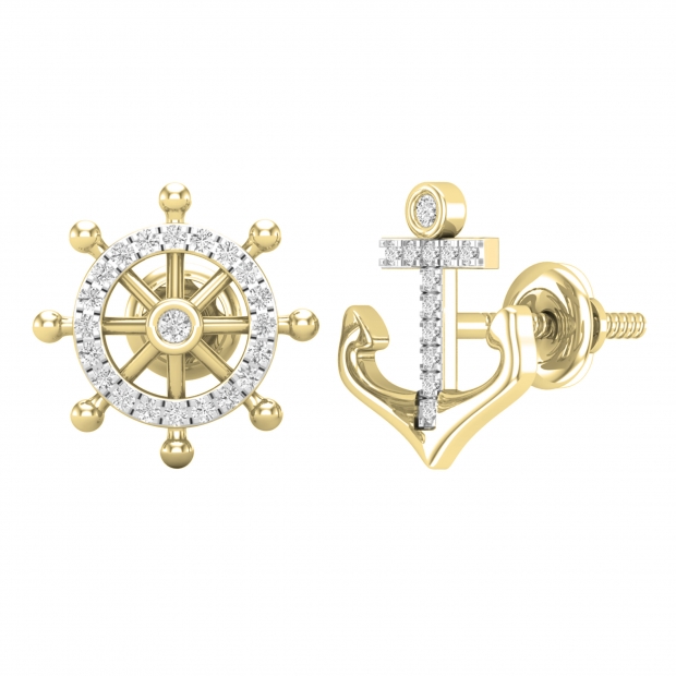 0.10 Ctw Round White Diamond Anchor & Wheel Mismatch Stud Earrings for Her in 10K Solid Yellow Gold, Screw Back