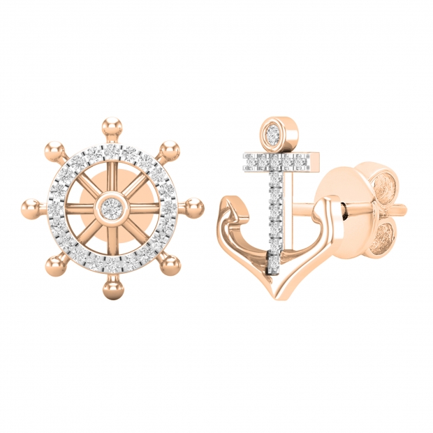 0.10 Ctw Round White Diamond Anchor & Wheel Mismatch Stud Earrings for Her in 18K Solid Rose Gold, Push Back