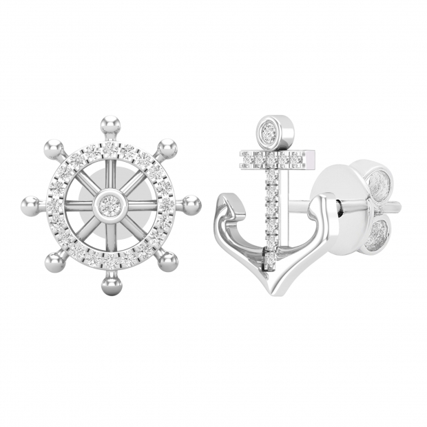 0.10 Ctw Round White Diamond Anchor & Wheel Mismatch Stud Earrings for Her in 925 Sterling Silver in Push Back