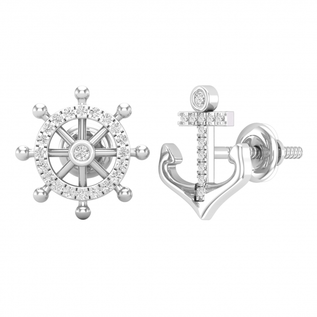 0.10 Ctw Round White Diamond Anchor & Wheel Mismatch Stud Earrings for Her in 925 Sterling Silver in Screw Back