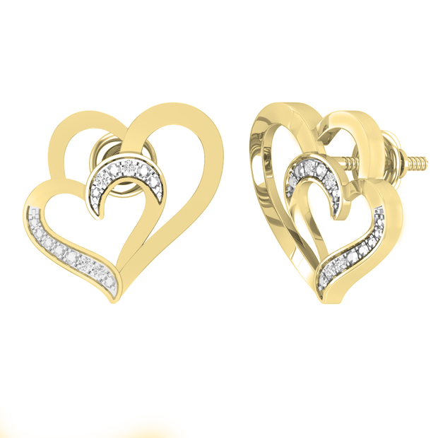 0.03 Carat (ctw) Round White Diamond Ladies Double Heart Stud Earrings 18K Yellow Gold