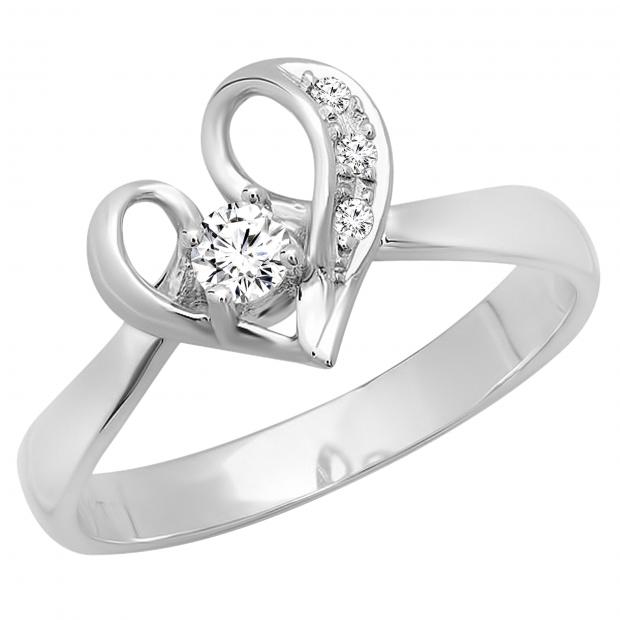 Round Cubic Zirconia Heart Shaped Promise Bridal Ladies Engagement Ring 14K White Gold